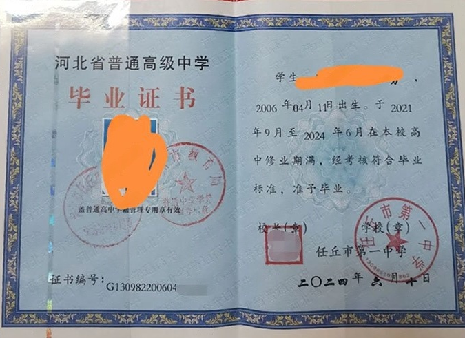 永福任丘市第一中学高中毕业证样本图片