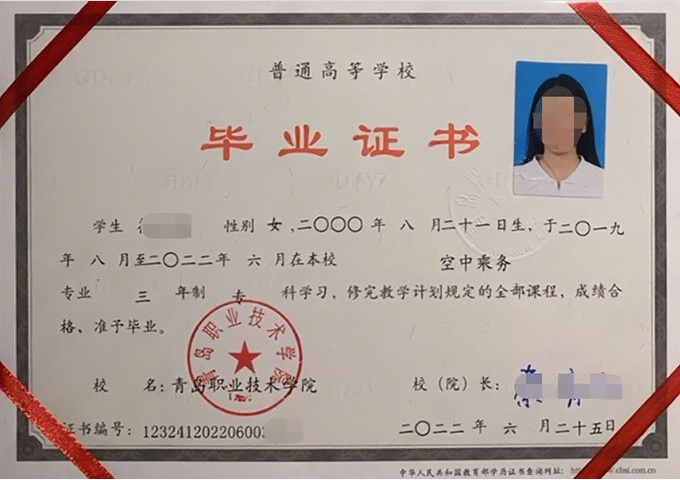 永福青岛职业技术学院毕业证样本图片